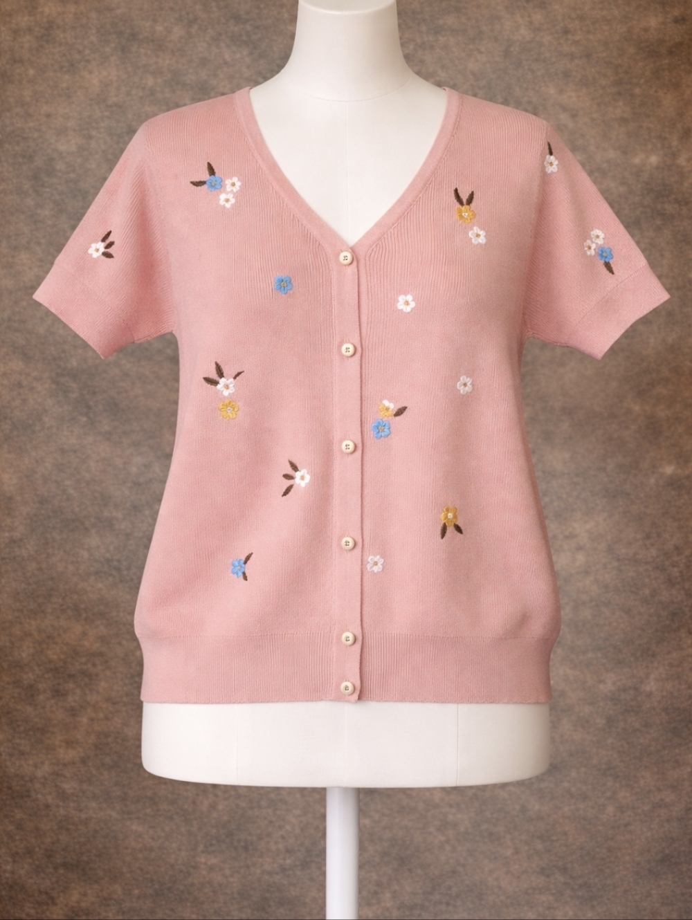V-Neck Pink Floral Embroidered Button-Front Top
